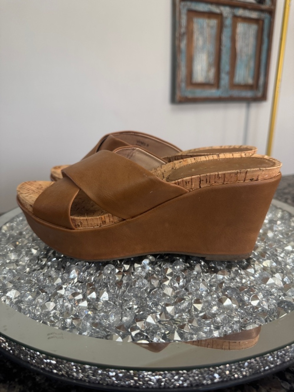 Report Basil deep camel Tan Crisscross Cork Wedge Slides EUC 8